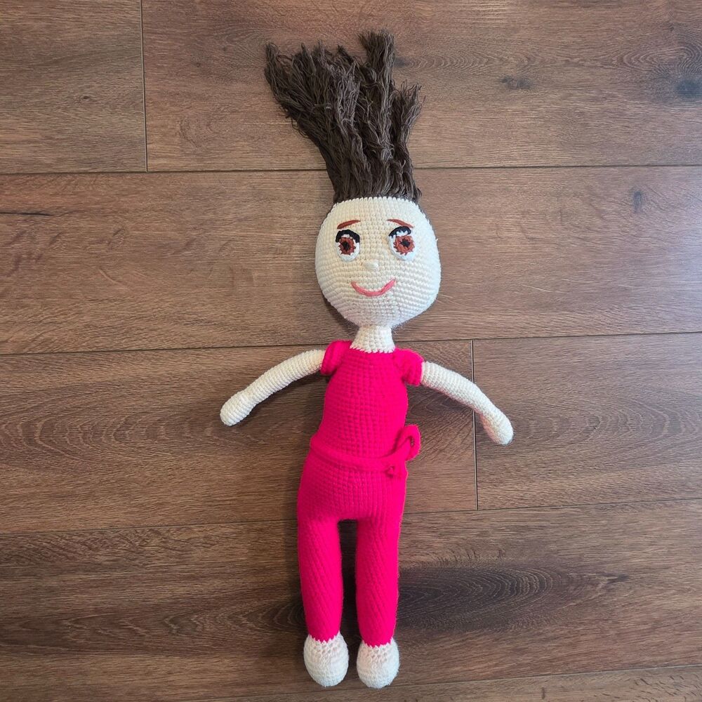 Handmade Crochet Amigurumi 18 inch Doll Girl Brown Hair Red Jumpsuit READ